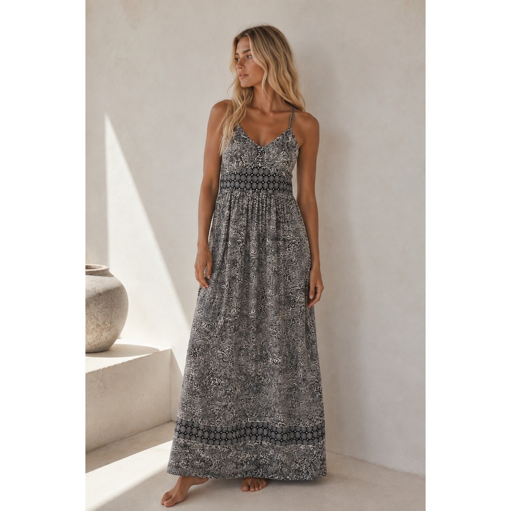 Black White Paisley Maxi Dress Strappy Boho Coastal Summer Size 2 LOFT